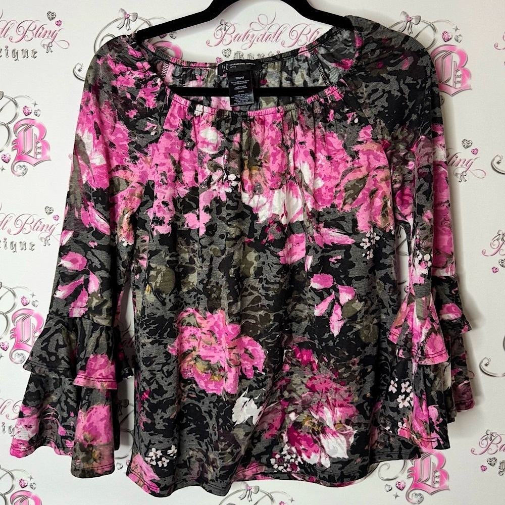 INC International Concepts Pink and Black Ruffled Blouse Bell Sleeves flare